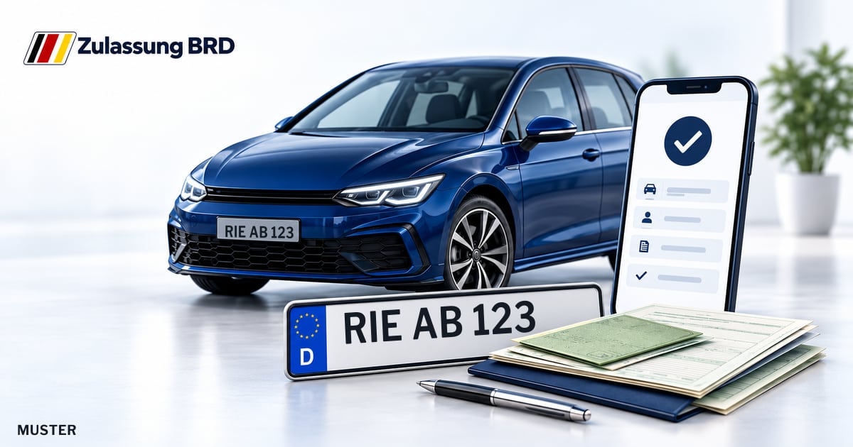 Online Fahrzeugzulassung in Riesa: Musterkennzeichen RIE AB 123, Auto und Fahrzeugpapiere und Smartphone. Illustration mit Logo von Zulassung BRD.